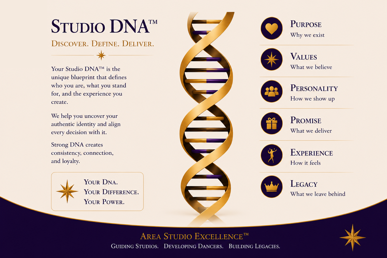 Studio DNA framework: Purpose, Values, Personality, Promise, Experience, Legacy